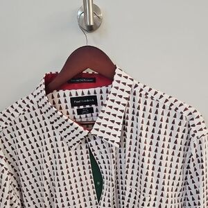 Paul Fredrick White Shirt with Christmas Trees Red And Green Accent